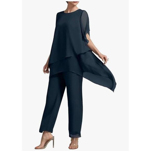 Women's 2 Pieces Pantsuits Navy Short Sleeve Chiffon Ankle Length Formal Size 12 - Picture 1 of 13
